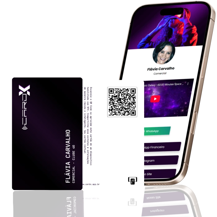 Cartão de visita digital NFC CardX personalizado com QR Code e perfil editável