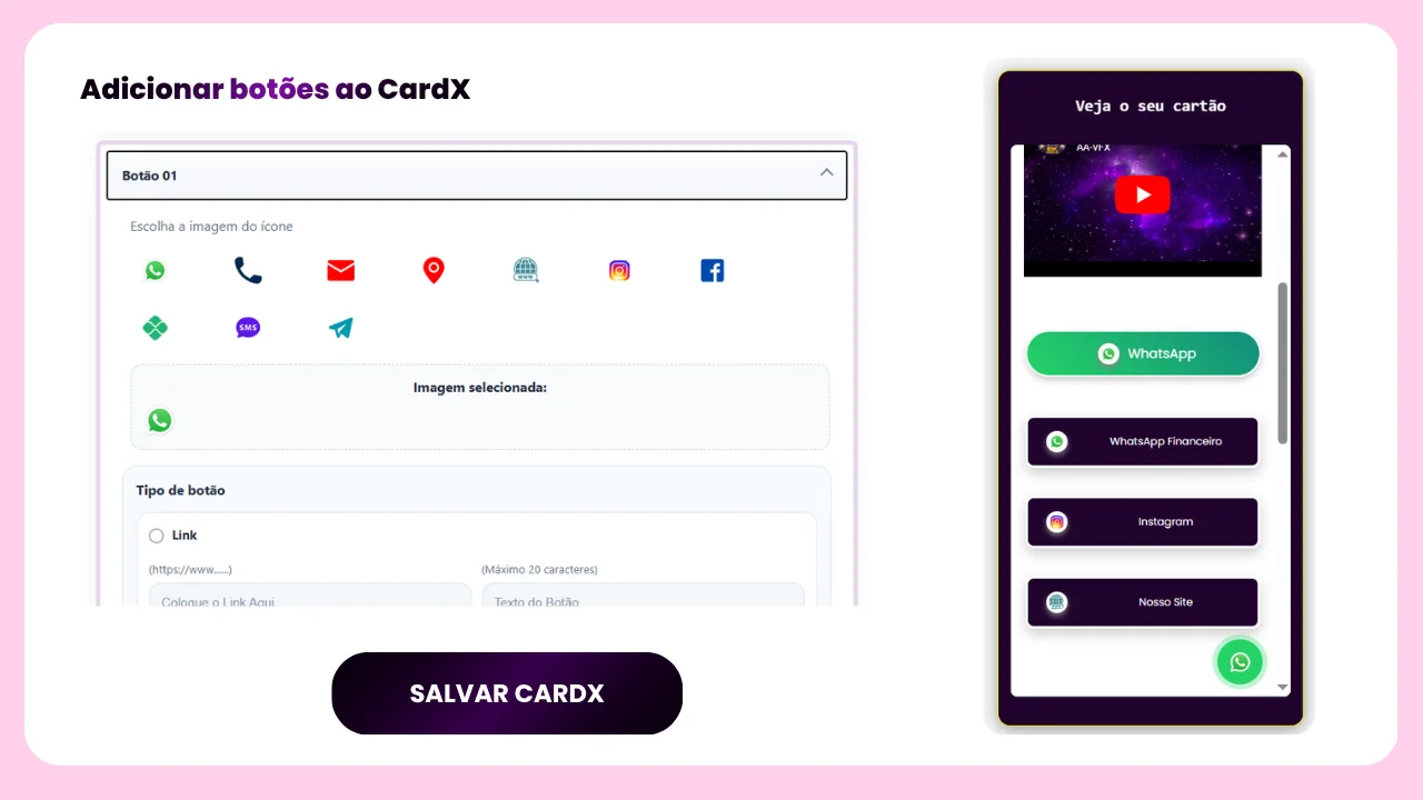 Prévia da edição dos botões no sistema CardX