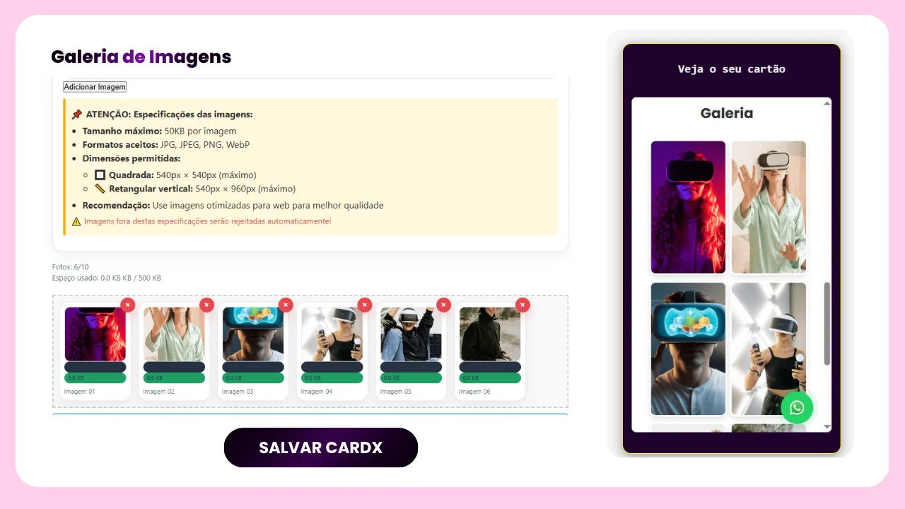 Prévia da edição da galeria no sistema CardX