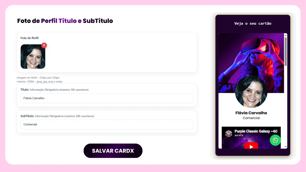Prévia da edição do perfil no sistema CardX
