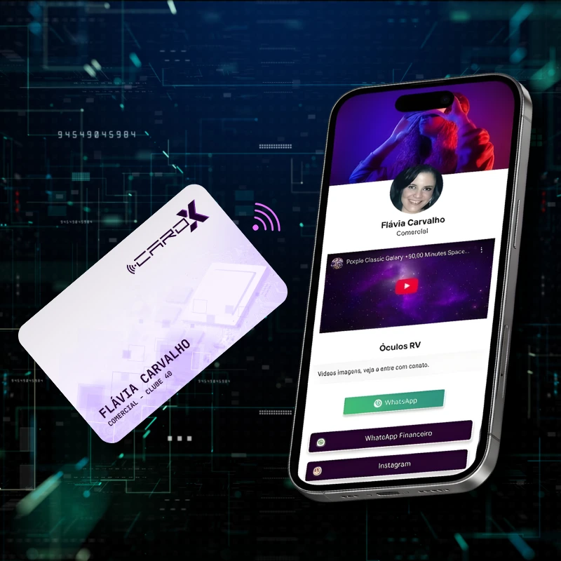Cartão de visita por aproximação NFC abrindo perfil digital no celular