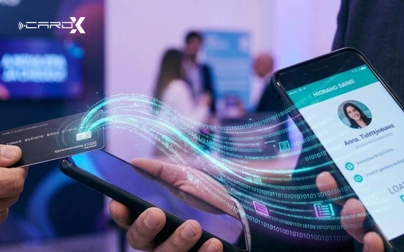 Cartão CardX sendo usado em ambiente profissional com QR Code e perfil digital