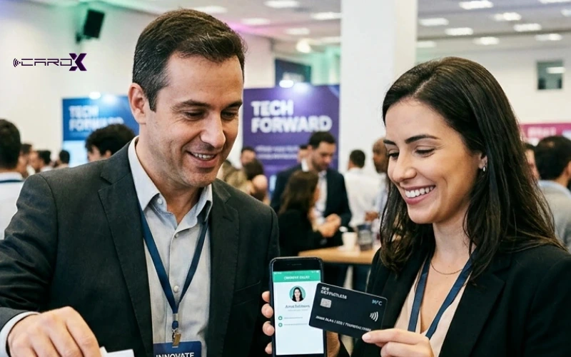 Profissional usando cartão NFC em reunião de negócios