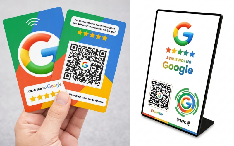 Comparativo entre cartão NFC e placa de acrílico para avaliações Google