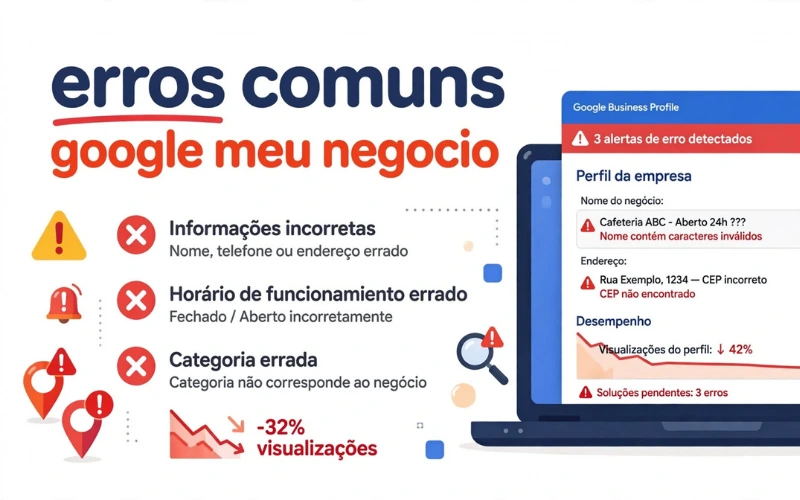 Ilustração dos erros mais comuns encontrados em perfis do Google Meu Negócio