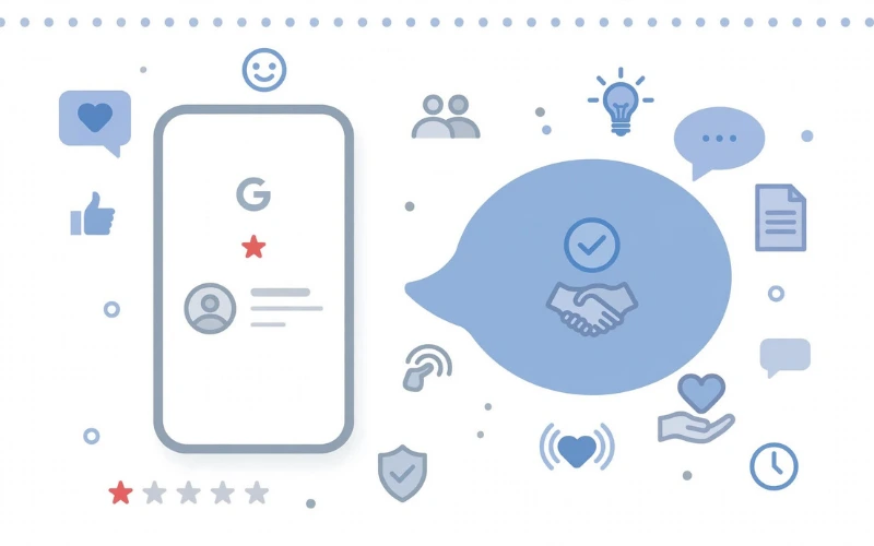 Ilustração de avaliação negativa no Google com resposta profissional do proprietário