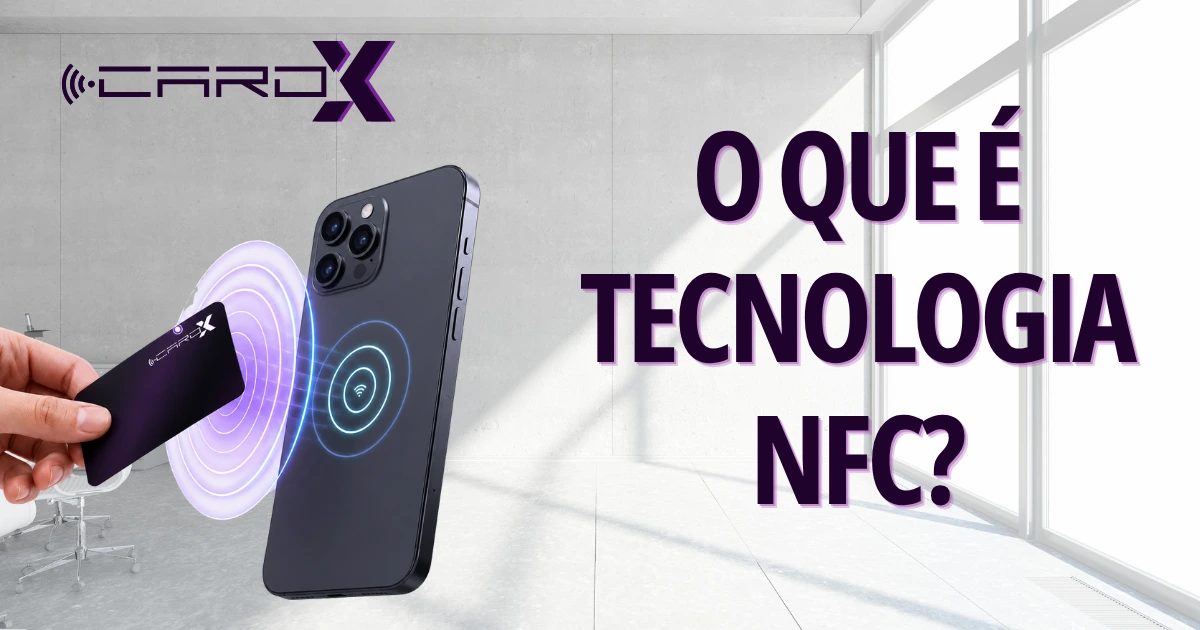 Ilustração explicando a tecnologia NFC e sua aplicação em cartões de visita